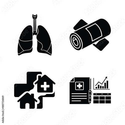 Respiratory Health and Home Care Icon Set with Human Lungs, MRI Scanner, and Medical Data Reports