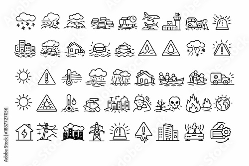 Weather, Transport and Disaster Line Icons Mega Set