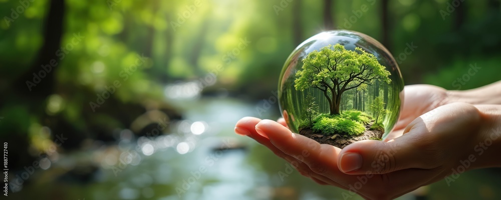 Fototapeta premium Hands hold transparent sphere with miniature forest landscape inside. Nature protection concept. Healthy green trees, clean water stream, forest environment.