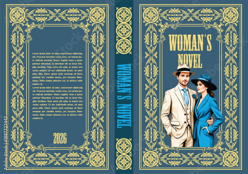 063-15-Decorative book cover featuring a fashionable couple and ornate gold filigree in a vintage style