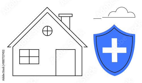 Home protection, safety measures, health insurance, security systems, risk management, family care. Minimalist house and shield with cross symbol. Home protection and safety measures concept