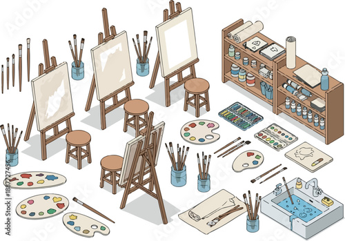 Artist Studio Essentials Easels, Paints, and Brushes Illustration