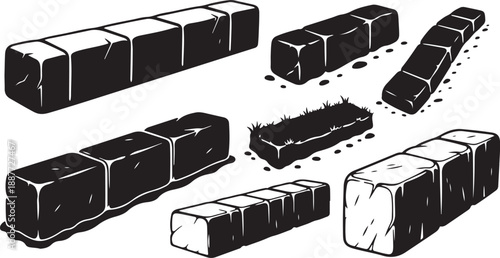 Black and white illustration of falling concrete brick blocks