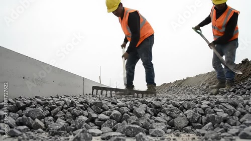 An extremely low angle static video captures two determined male construction workers in vests and hard hats spreading gravel at a dusty road site, demonstrating road construction and physical effort