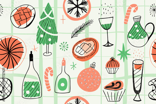 Festive holiday pattern with citrus fruits drinks and christmas tree illustrations
