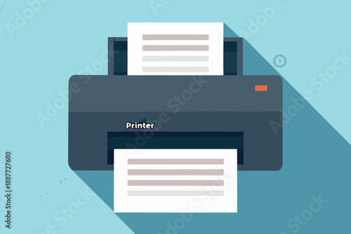 Flat illustration of a dark blue printer with papers on a teal background