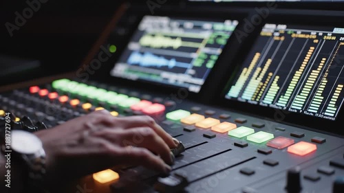 Sound engineer hand adjusting faders on audio mixing console
