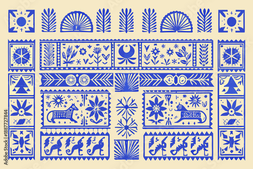 Intricate blue and white folk art pattern with repeating decorative elements