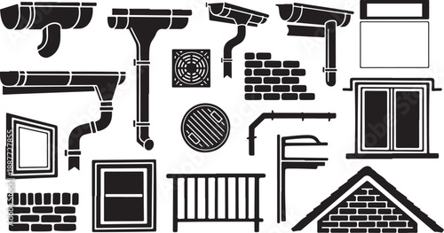 Black and white architectural building elements and details illustration