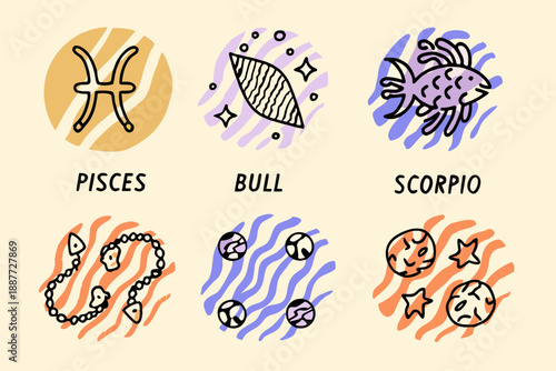 Zodiac signs and astrological symbols in illustrative hand drawn style