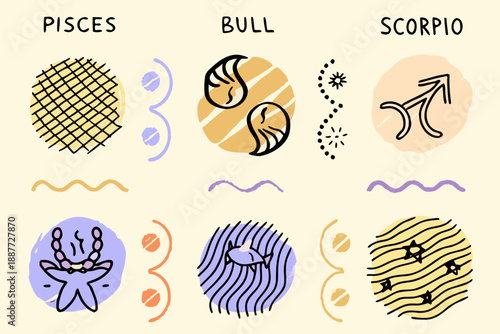 Zodiac signs illustrations pisces bull scorpio and other astrological symbols