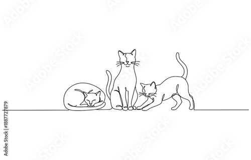 Continuous one line drawing of happy cats.