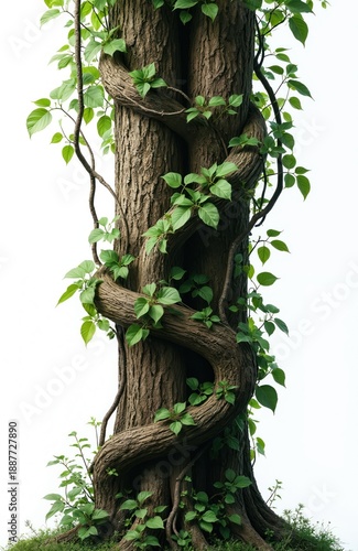 Thick tree trunk with twisting vines and green leaves against a white background. Small plants grow around the base of the tree showing natural growth and life.