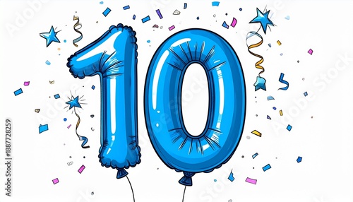 Blue cartoon style balloon shaped as number 10 with confetti on white background. Illustration for birthday or anniversary party