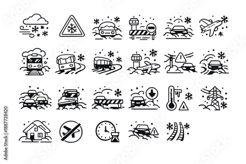 Extreme Weather, Transport and Disaster Line Icons Set