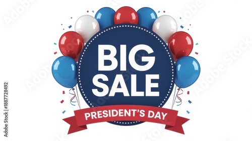 Big Sale President's Day banner with balloons and ribbon isolated on white background