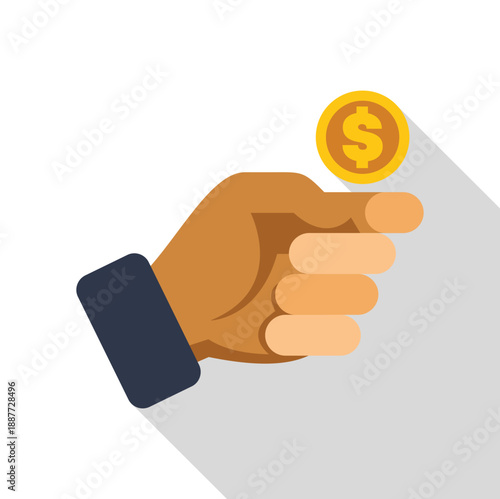 Hand holding a golden dollar coin, representing finance, payment, and investment concepts on white background