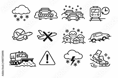 Weather, Transport and Emergency Warning Line Icons Set