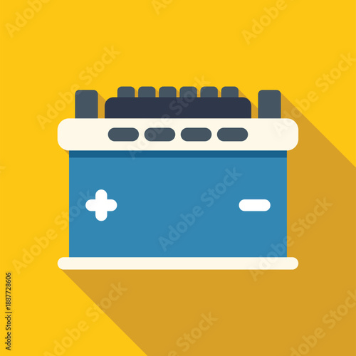 Car battery with positive and negative terminals on a yellow background, flat design