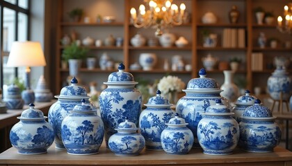 Collection of blue and white porcelain vases with intricate patterns and lids sit on a wooden table. Shelves with ceramic pots and decorative items fill the background.
