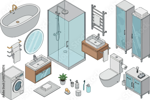 Isometric Bathroom Interior with Bathtub, Shower, Sink, and Toilet Fixtures