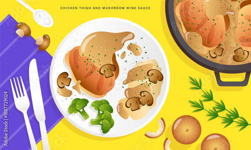 Chicken thigh with mushroom wine sauce and broccoli.