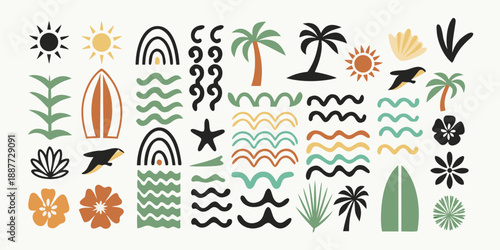 A vibrant collection of summer themed illustrations suns waves and tropical plants