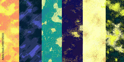 Abstract vertical bands of colorful textured patterns and varying light intensities