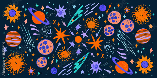 Colorful planets stars and celestial bodies in a playful imaginative space scene