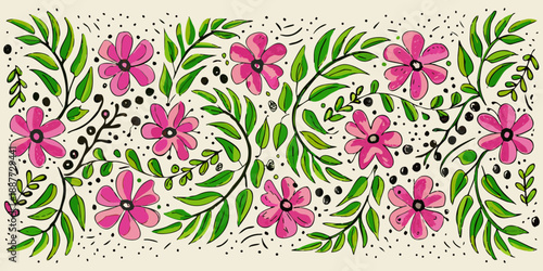 A whimsical floral pattern featuring pink blossoms and vibrant green foliage