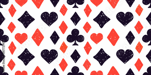 A repeating pattern of playing card suits in red and black