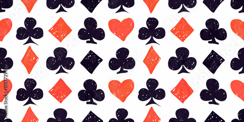 A colorful pattern of playing card suits on a white background