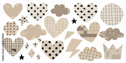 Assorted pastel hearts stars clouds and geometric shapes in a playful arrangement