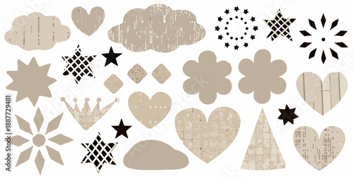 Assorted whimsical shapes hearts stars clouds and flowers in neutral tones