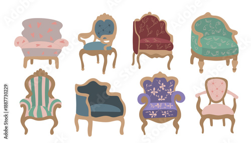 A set of eight elegant Empire style armchairs in clean flat vector design. Features classic silhouettes with characteristic ornaments. Perfect for interior design mockups, architectural visualization,