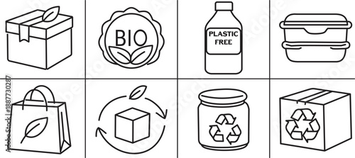 A set of outline icons illustrating eco-friendly packaging, recycling, and sustainable living concepts