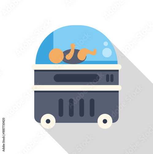 Infant resting inside a modern scientific incubator representing artificial womb concept