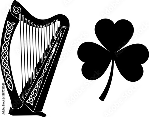 Irish harp and shamrock silhouette vector illustration