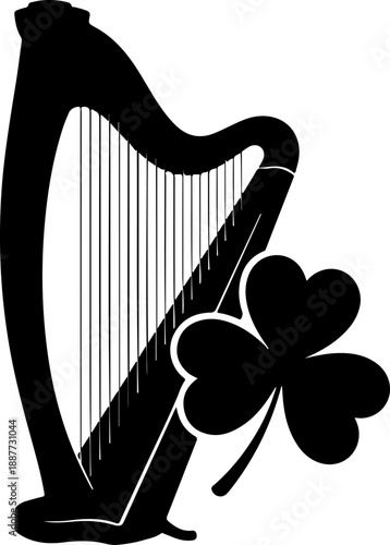 Irish harp and shamrock silhouette vector illustration