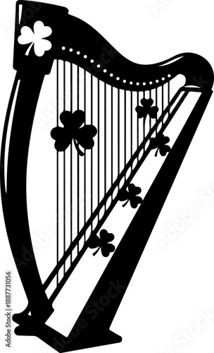 Irish harp and shamrock silhouette vector illustration