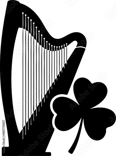 Irish harp and shamrock silhouette vector illustration