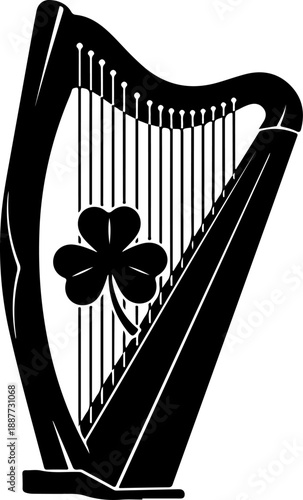 Irish harp and shamrock silhouette vector illustration