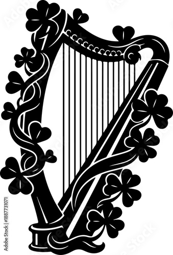 Irish harp and shamrock silhouette vector illustration