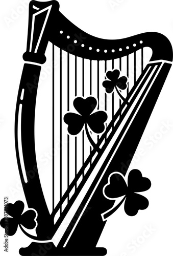 Irish harp and shamrock silhouette vector illustration