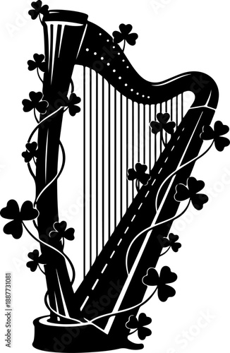 Irish harp and shamrock silhouette vector illustration