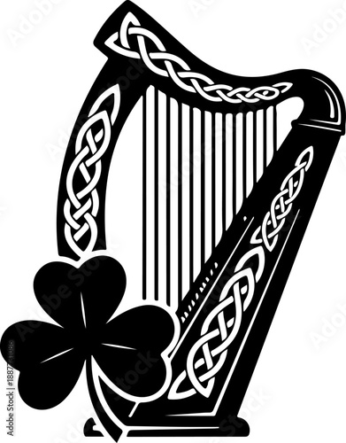 Irish harp and shamrock silhouette vector illustration