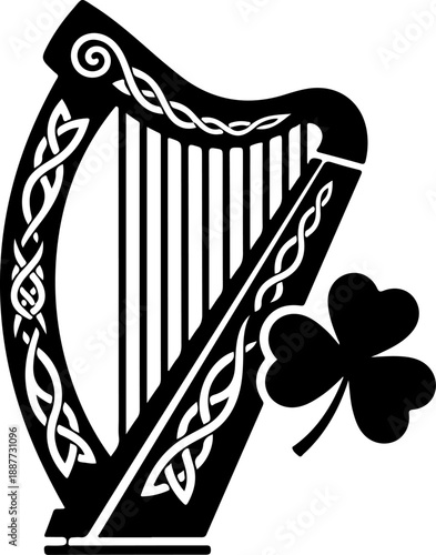 Irish harp and shamrock silhouette vector illustration