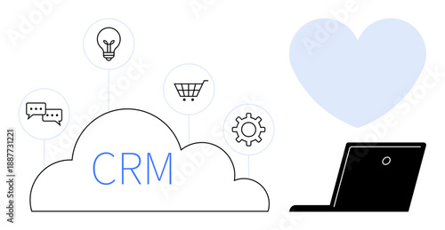 Customer relationship management, cloud solutions, productivity tools, marketing, online communication, technology. CRM cloud with icons for communication and e-commerce near a laptop. CRM and cloud