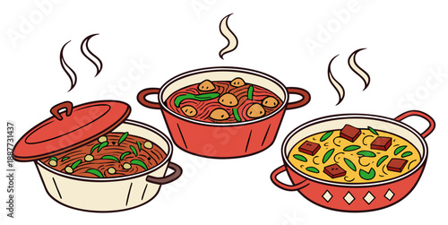 Three cooking pots with steaming food
