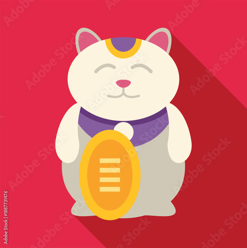 White stylized maneki neko beckoning cat holding a gold coin against a red background
